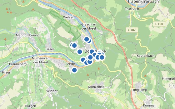 Kartenausschnitt mit den Hotels des Reiseziels