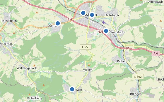 Kartenausschnitt mit den Hotels des Reiseziels