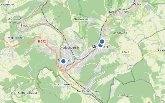 Kartenausschnitt mit den Hotels des Reiseziels