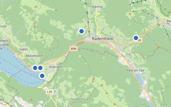 Kartenausschnitt mit den Hotels des Reiseziels