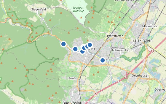 Kartenausschnitt mit den Hotels des Reiseziels