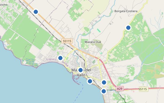 Kartenausschnitt mit den Hotels des Reiseziels