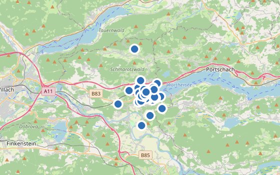 Kartenausschnitt mit den Hotels des Reiseziels