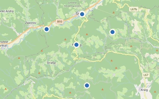 Kartenausschnitt mit den Hotels des Reiseziels