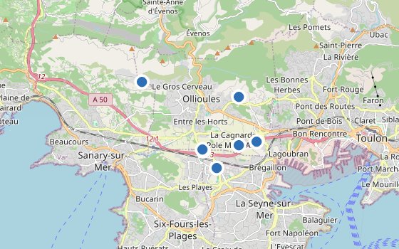 Kartenausschnitt mit den Hotels des Reiseziels