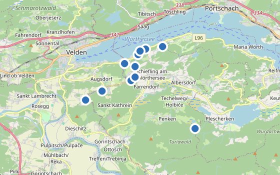 Kartenausschnitt mit den Hotels des Reiseziels
