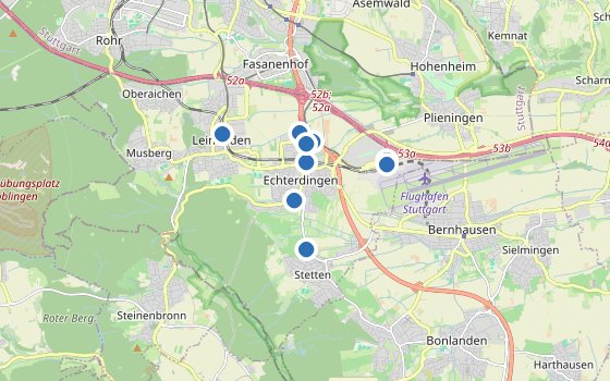 Kartenausschnitt mit den Hotels des Reiseziels