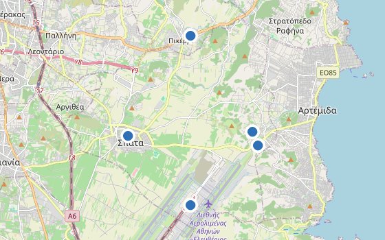 Kartenausschnitt mit den Hotels des Reiseziels