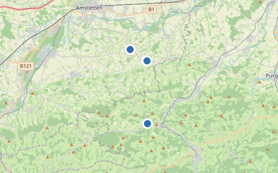 Kartenausschnitt mit den Hotels des Reiseziels