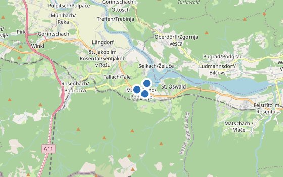 Kartenausschnitt mit den Hotels des Reiseziels