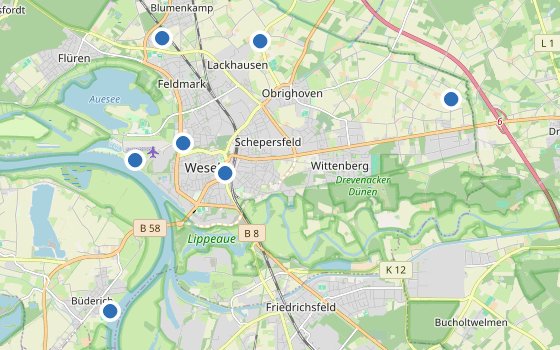 Kartenausschnitt mit den Hotels des Reiseziels