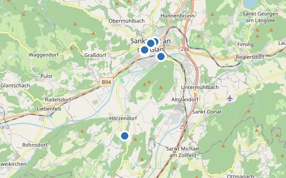 Kartenausschnitt mit den Hotels des Reiseziels