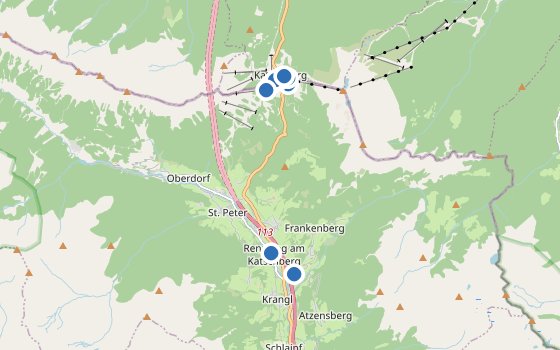 Kartenausschnitt mit den Hotels des Reiseziels