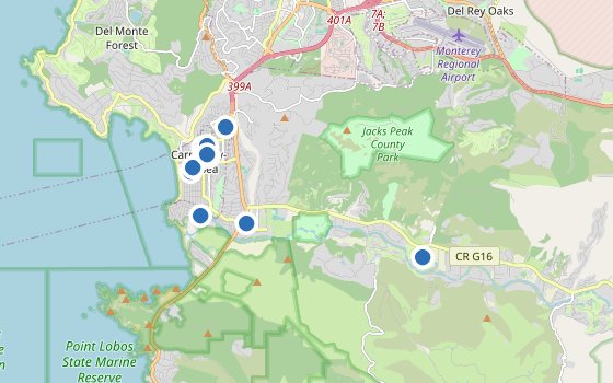 Kartenausschnitt mit den Hotels des Reiseziels