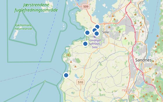 Kartenausschnitt mit den Hotels des Reiseziels