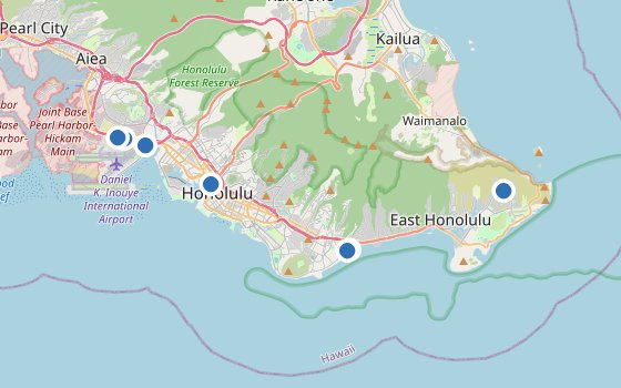 Kartenausschnitt mit den Hotels des Reiseziels
