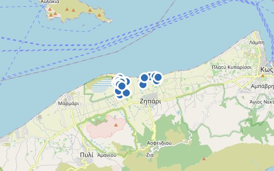 Kartenausschnitt mit den Hotels des Reiseziels
