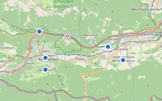 Kartenausschnitt mit den Hotels des Reiseziels