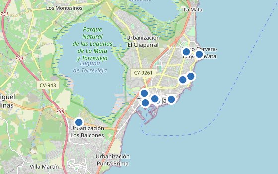 Kartenausschnitt mit den Hotels des Reiseziels