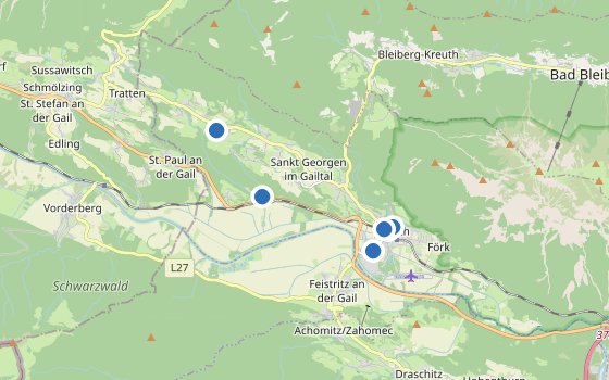 Kartenausschnitt mit den Hotels des Reiseziels