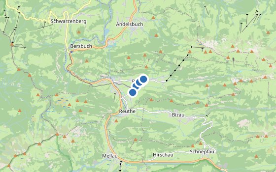 Kartenausschnitt mit den Hotels des Reiseziels