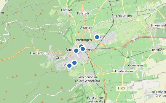 Kartenausschnitt mit den Hotels des Reiseziels