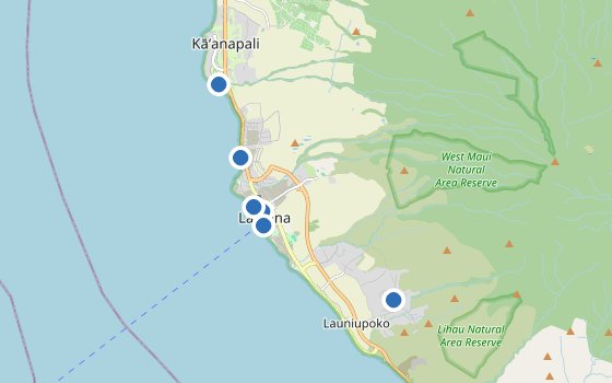 Kartenausschnitt mit den Hotels des Reiseziels