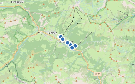 Kartenausschnitt mit den Hotels des Reiseziels