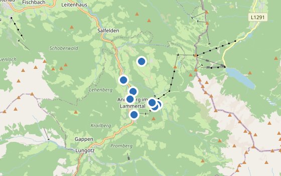 Kartenausschnitt mit den Hotels des Reiseziels