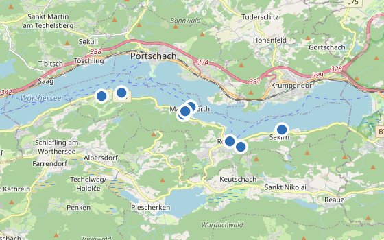 Kartenausschnitt mit den Hotels des Reiseziels
