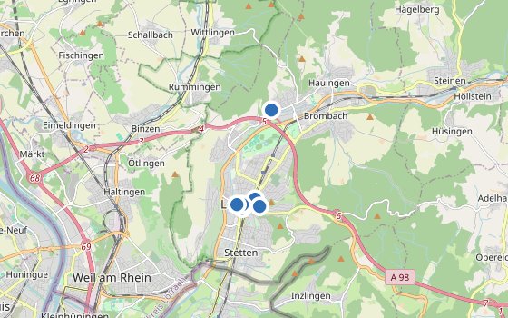 Kartenausschnitt mit den Hotels des Reiseziels