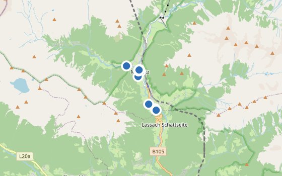 Kartenausschnitt mit den Hotels des Reiseziels