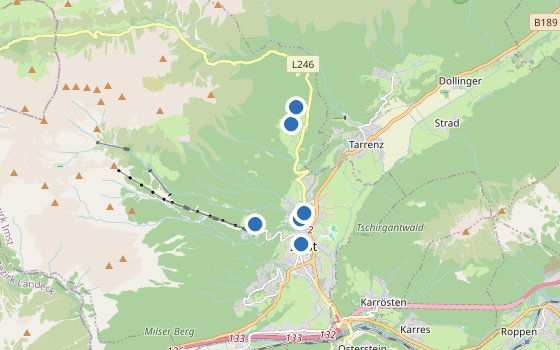 Kartenausschnitt mit den Hotels des Reiseziels