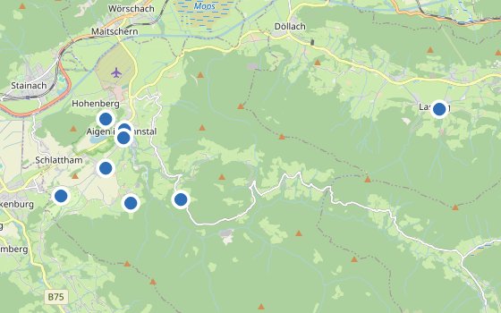 Kartenausschnitt mit den Hotels des Reiseziels