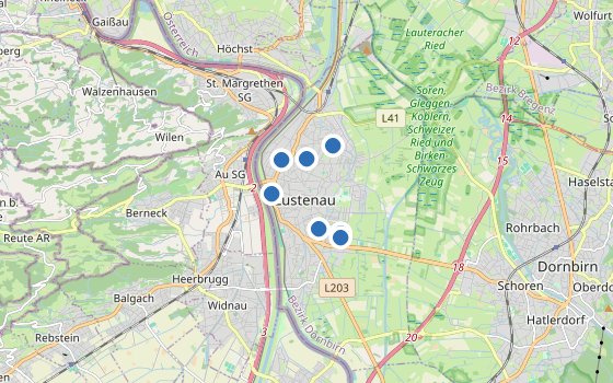 Kartenausschnitt mit den Hotels des Reiseziels