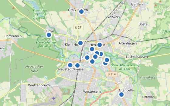 Kartenausschnitt mit den Hotels des Reiseziels