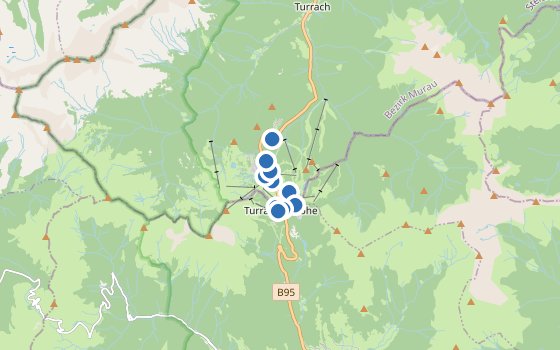 Kartenausschnitt mit den Hotels des Reiseziels
