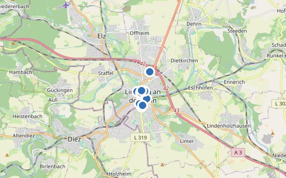 Kartenausschnitt mit den Hotels des Reiseziels