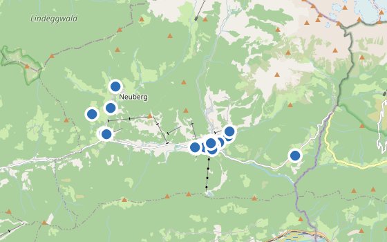 Kartenausschnitt mit den Hotels des Reiseziels