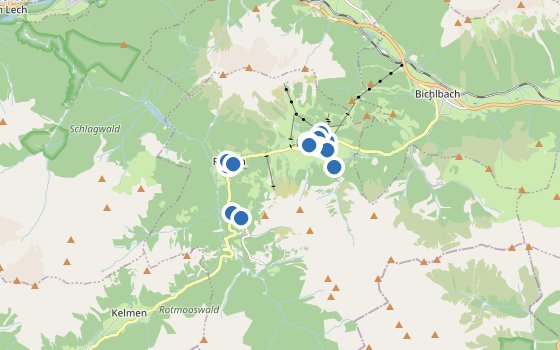 Kartenausschnitt mit den Hotels des Reiseziels