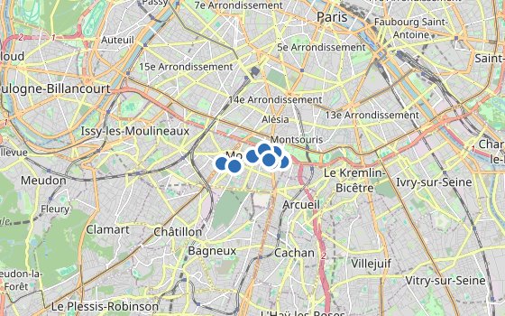 Kartenausschnitt mit den Hotels des Reiseziels
