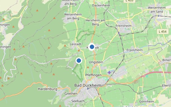 Kartenausschnitt mit den Hotels des Reiseziels