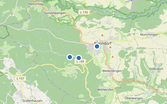 Kartenausschnitt mit den Hotels des Reiseziels