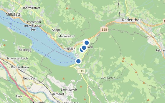 Kartenausschnitt mit den Hotels des Reiseziels
