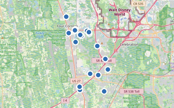 Kartenausschnitt mit den Hotels des Reiseziels