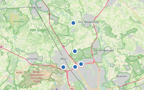 Kartenausschnitt mit den Hotels des Reiseziels