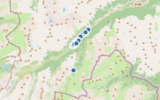 Kartenausschnitt mit den Hotels des Reiseziels
