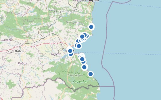 Kartenausschnitt mit den Hotels des Reiseziels