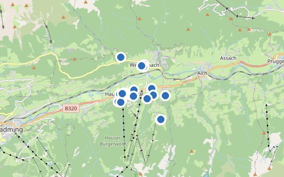 Kartenausschnitt mit den Hotels des Reiseziels