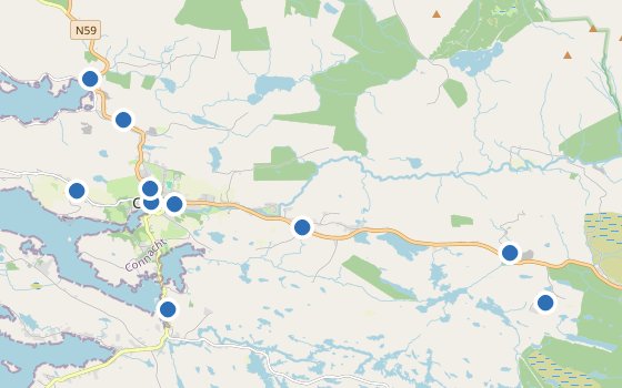 Kartenausschnitt mit den Hotels des Reiseziels